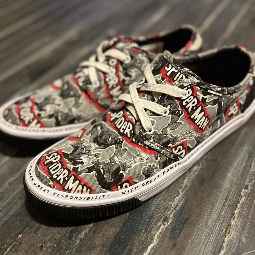 TOMS Spider-Man - men’s size 7, women’s 8.
